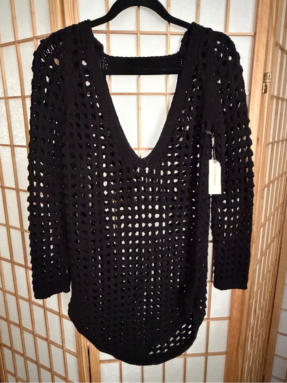Anthropology Black Open-Knit V-Neck Cotton Sweater Coverup NWT